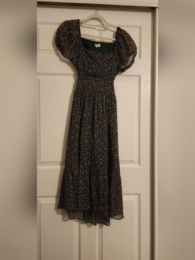 Altar'd State Dark Green Floral Puff-Sleeve Maxi Dress